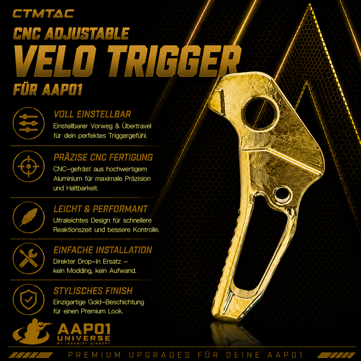 CTMTAC CNC Adjustable VELO Trigger für AAP-01 and G-Series Electroplated